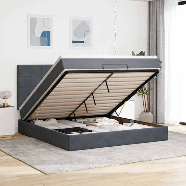 LED-valgustusega voodiraam peatsiga koos madratsiga, tumehall, 180 × 200 cm, samet — mudel 3314337
