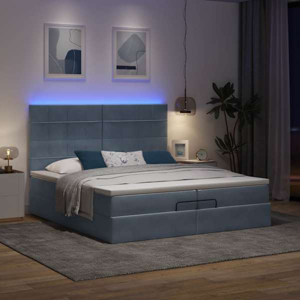 LED-valgustusega voodiraam peatsiga koos 2 madratsiga, tumehall, 200 × 200 cm, samet — mudel 3314343