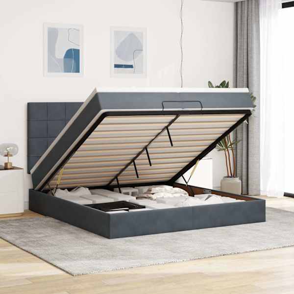 LED-valgustusega voodiraam peatsiga koos 2 madratsiga, tumehall, 200 × 200 cm, samet — mudel 3314343