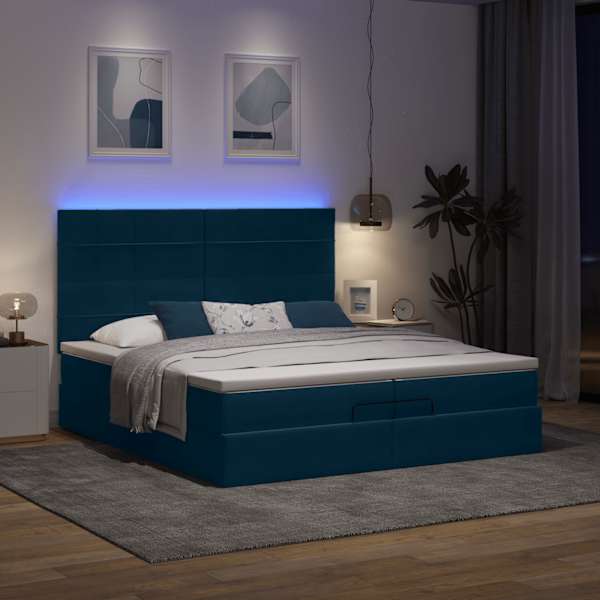 LED-valgustusega voodiraam peatsiga koos 2 madratsiga, tumesinine, 200 × 200 cm, samet — mudel 3314346