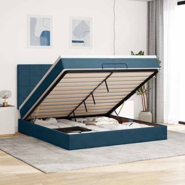 LED-valgustusega voodiraam peatsiga koos 2 madratsiga, tumesinine, 200 × 200 cm, samet — mudel 3314346