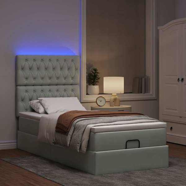 LED-valgustusega voodiraam peatsiga koos madratsiga, helehall, 90 × 190 cm, samet — mudel 3314360