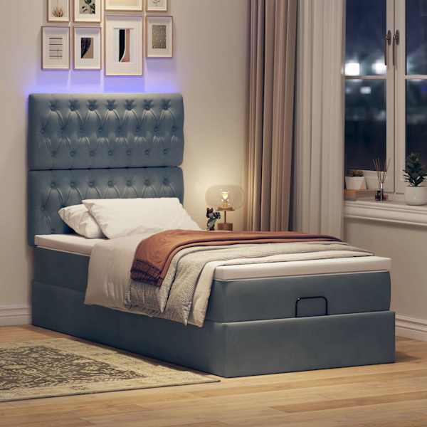 LED-valgustusega voodiraam peatsiga koos madratsiga, tumehall, 90 × 190 cm, samet — mudel 3314361