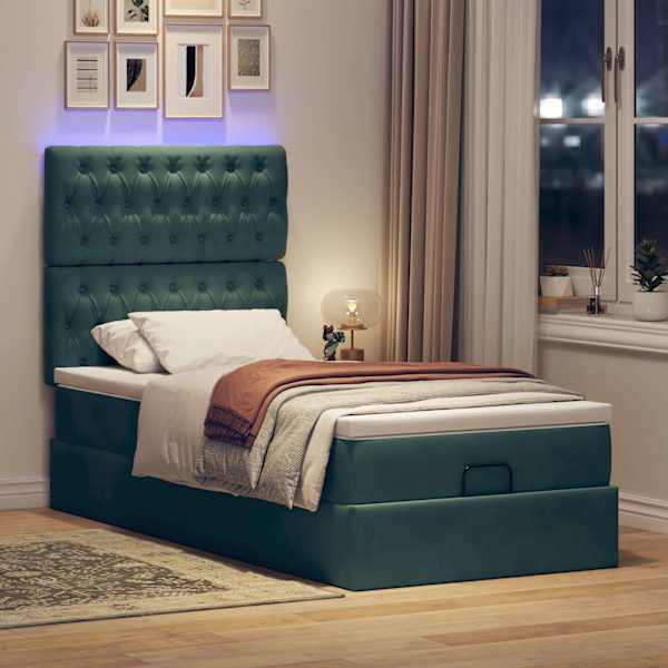 LED-valgustusega voodiraam peatsiga koos madratsiga, tumeroheline, 90 × 190 cm, samet — mudel 3314363