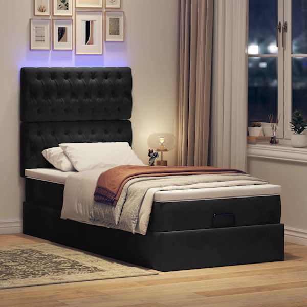 LED-valgustusega voodiraam peatsiga koos madratsiga, must, 90 × 200 cm, samet — mudel 3314368