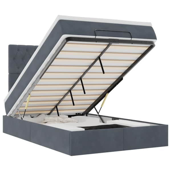 LED-valgustusega voodiraam peatsiga koos madratsiga, tumehall, 120 × 190 cm, samet — mudel 3314379