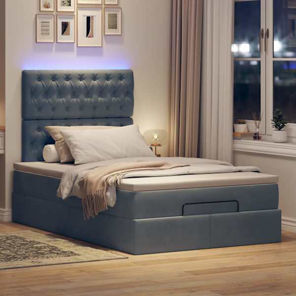 LED-valgustusega voodiraam peatsiga koos madratsiga, tumehall, 120 × 190 cm, samet — mudel 3314379