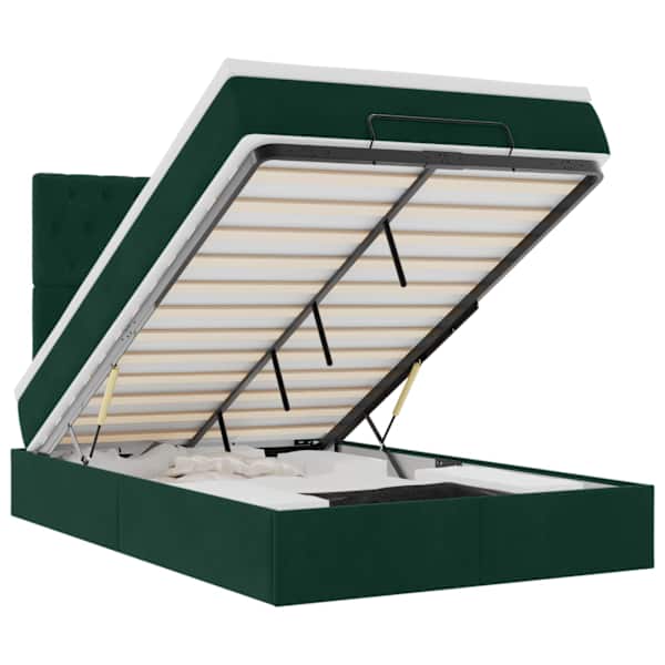 LED-valgustusega voodiraam peatsiga koos madratsiga, tumeroheline, 120 × 190 cm, samet — mudel 3314381