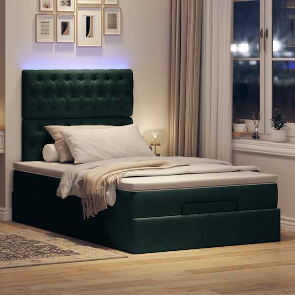 LED-valgustusega voodiraam peatsiga koos madratsiga, tumeroheline, 120 × 190 cm, samet — mudel 3314381