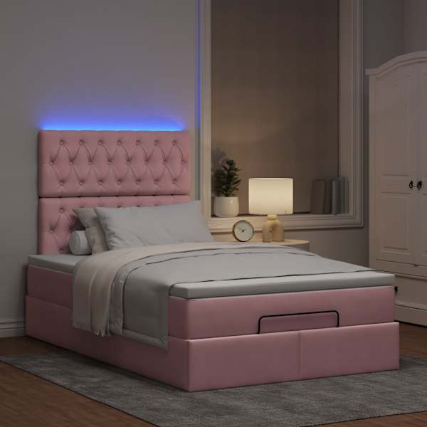 LED-valgustusega voodiraam peatsiga koos madratsiga, roosa, 120 × 190 cm, samet — mudel 3314383