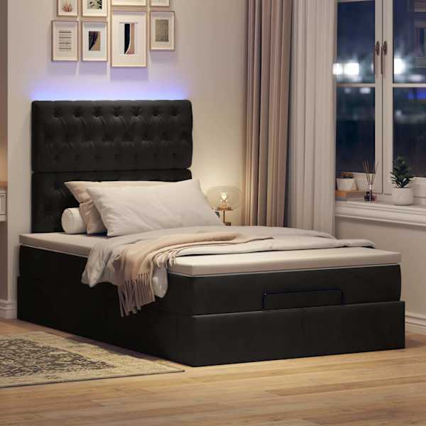 LED-valgustusega voodiraam peatsiga koos madratsiga, must, 120 × 200 cm, samet — mudel 3314386