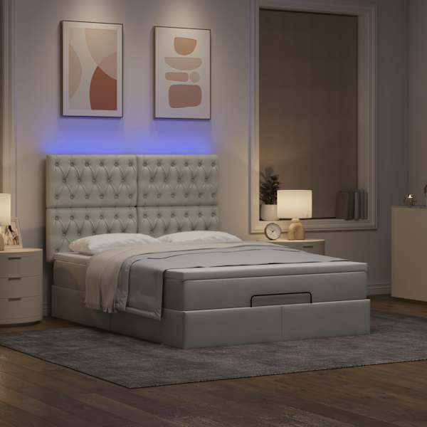 LED-valgustusega voodiraam peatsiga koos madratsiga, helehall, 140 × 190 cm, samet — mudel 3314390
