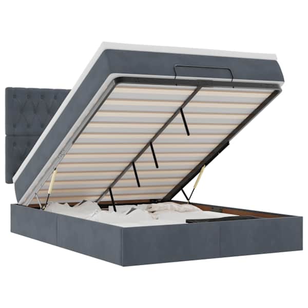LED-valgustusega voodiraam peatsiga koos madratsiga, tumehall, 140 × 190 cm, samet — mudel 3314391