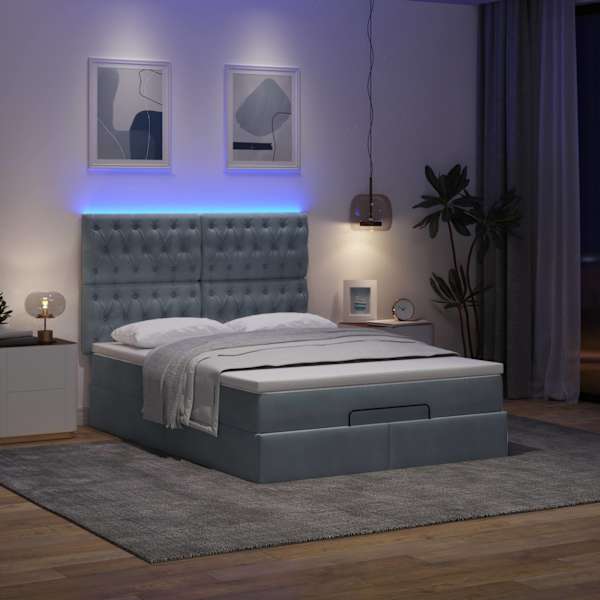 LED-valgustusega voodiraam peatsiga koos madratsiga, tumehall, 140 × 190 cm, samet — mudel 3314391