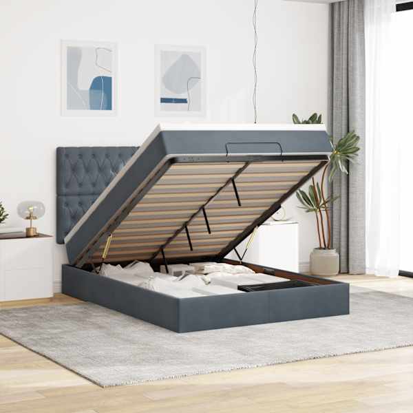 LED-valgustusega voodiraam peatsiga koos madratsiga, tumehall, 140 × 190 cm, samet — mudel 3314391