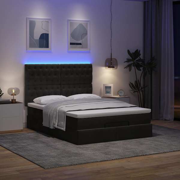 LED-valgustusega voodiraam peatsiga koos madratsiga, must, 140 × 200 cm, samet — mudel 3314398