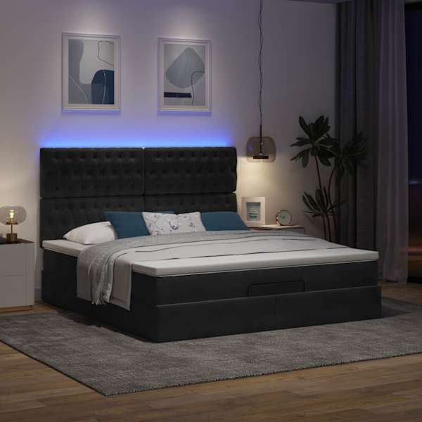 LED-valgustusega voodiraam peatsiga koos madratsiga, must, 160 × 200 cm, samet — mudel 3314404
