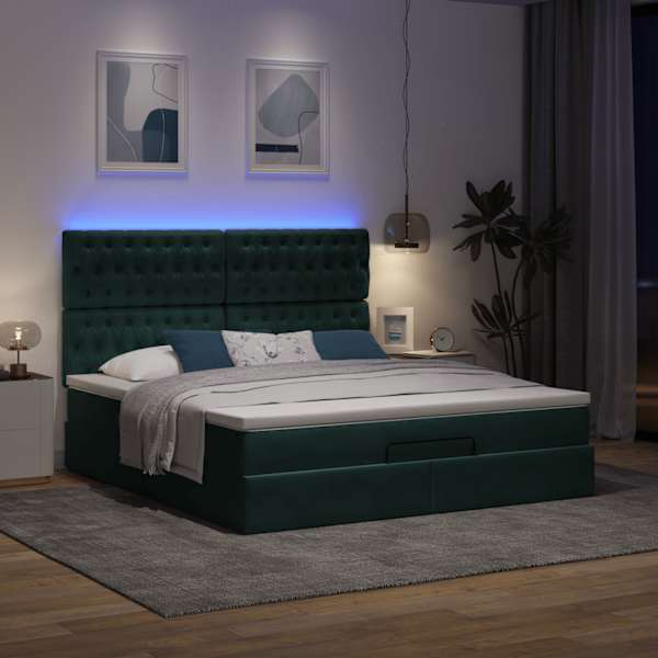 LED-valgustusega voodiraam peatsiga koos madratsiga, tumeroheline, 160 × 200 cm, samet — mudel 3314405
