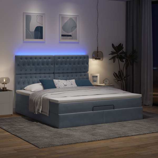 LED-valgustusega voodiraam peatsiga koos madratsiga, tumehall, 180 × 200 cm, samet — mudel 3314409