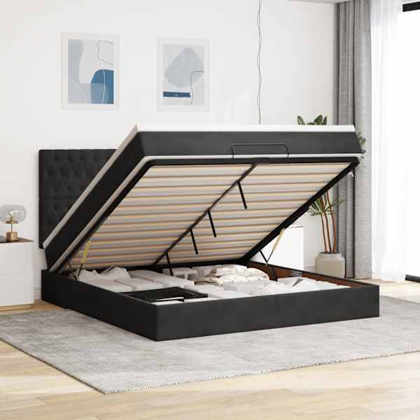 LED-valgustusega voodiraam peatsiga koos madratsiga, must, 180 × 200 cm, samet — mudel 3314410