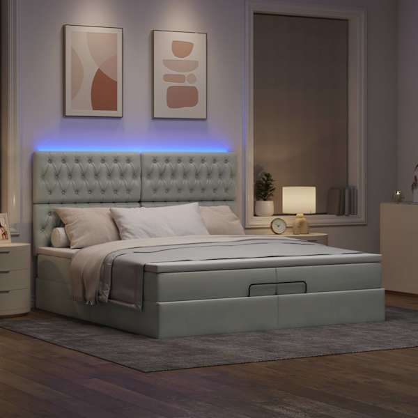 LED-valgustusega voodiraam peatsiga koos 2 madratsiga, helehall, 200 × 200 cm, samet — mudel 3314414