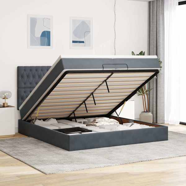 LED-valgustusega voodiraam peatsiga koos 2 madratsiga, tumehall, 200 × 200 cm, samet — mudel 3314415