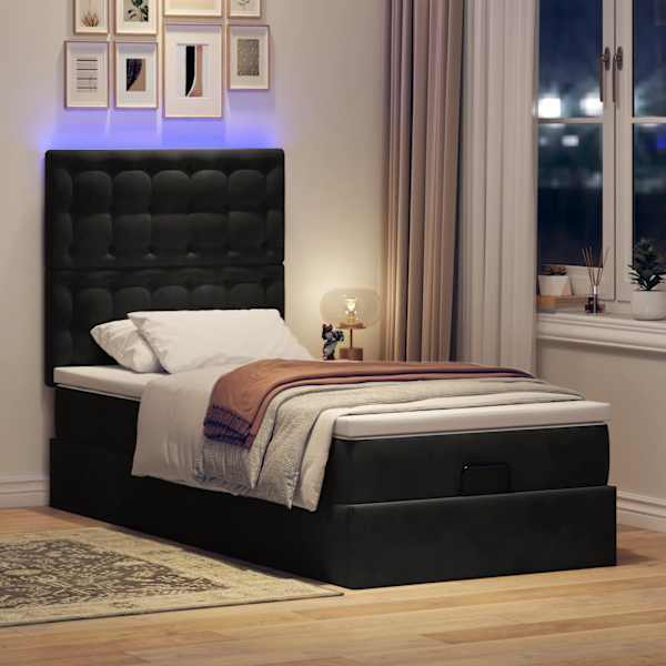 LED-valgustusega voodiraam peatsiga koos madratsiga, must, 90 × 190 cm, samet — mudel 3314434