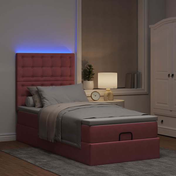 LED-valgustusega voodiraam peatsiga koos madratsiga, roosa, 90 × 200 cm, samet — mudel 3314443