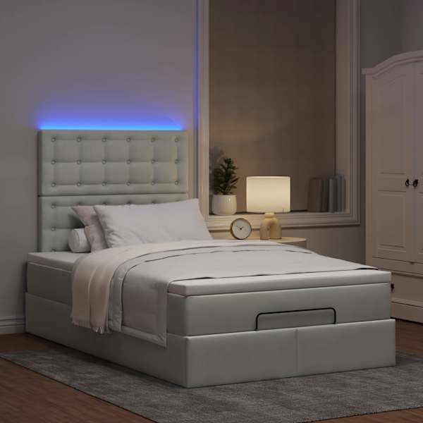 LED-valgustusega voodiraam peatsiga koos madratsiga, helehall, 120 × 190 cm, samet — mudel 3314450