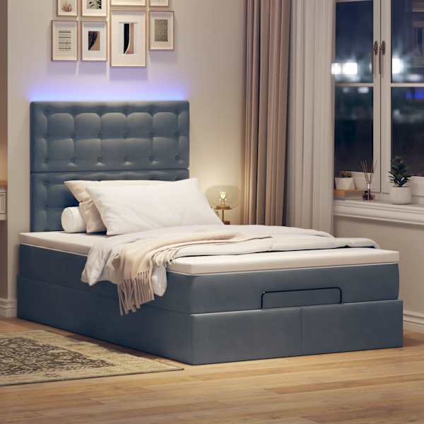 LED-valgustusega voodiraam peatsiga koos madratsiga, tumehall, 120 × 190 cm, samet — mudel 3314451
