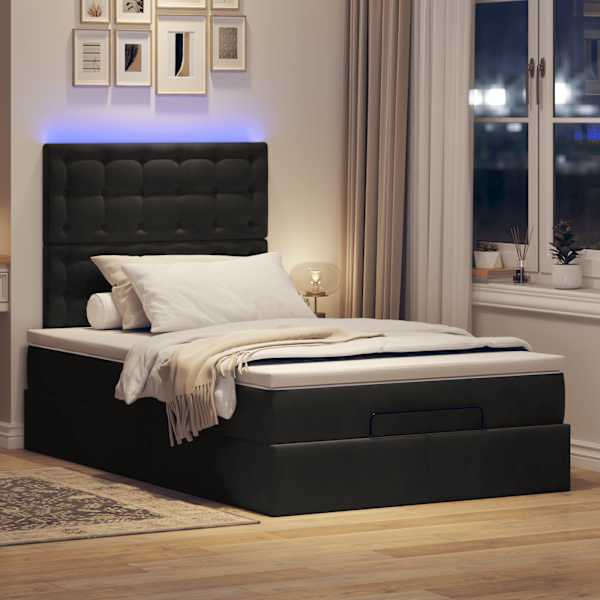 LED-valgustusega voodiraam peatsiga koos madratsiga, must, 120 × 190 cm, samet — mudel 3314452