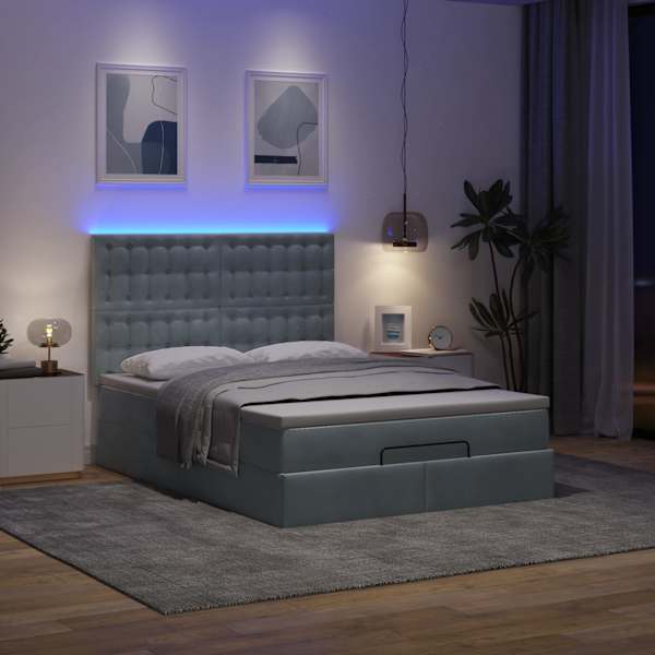 LED-valgustusega voodiraam peatsiga koos madratsiga, tumehall, 140 × 190 cm, samet — mudel 3314463