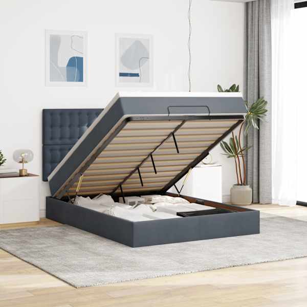 LED-valgustusega voodiraam peatsiga koos madratsiga, tumehall, 140 × 190 cm, samet — mudel 3314463