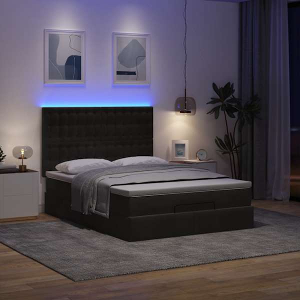 LED-valgustusega voodiraam peatsiga koos madratsiga, must, 140 × 190 cm, samet — mudel 3314464