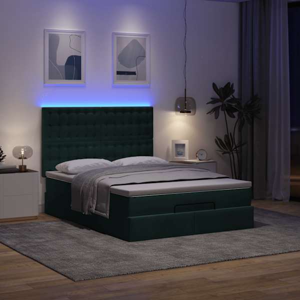 LED-valgustusega voodiraam peatsiga koos madratsiga, tumeroheline, 140 × 190 cm, samet — mudel 3314465