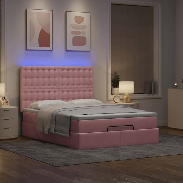 LED-valgustusega voodiraam peatsiga koos madratsiga, roosa, 140 × 190 cm, samet — mudel 3314467