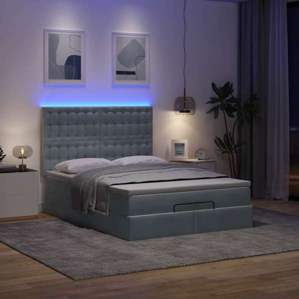 LED-valgustusega voodiraam peatsiga koos madratsiga, tumehall, 140 × 200 cm, samet — mudel 3314469