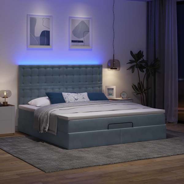 LED-valgustusega voodiraam peatsiga koos madratsiga, tumehall, 160 × 200 cm, samet — mudel 3314475