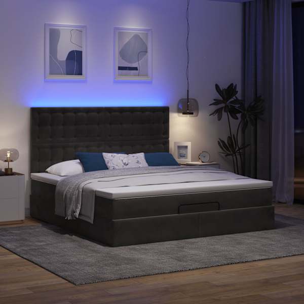 LED-valgustusega voodiraam peatsiga koos madratsiga, must, 180 × 200 cm, samet — mudel 3314482