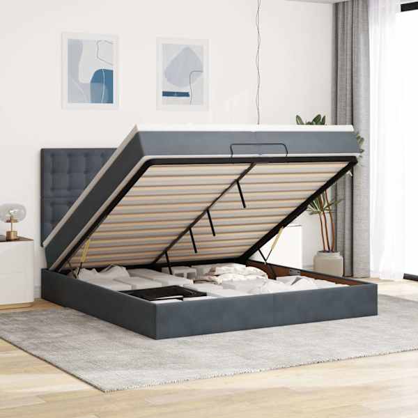 LED-valgustusega voodiraam peatsiga koos 2 madratsiga, tumehall, 200 × 200 cm, samet — mudel 3314487