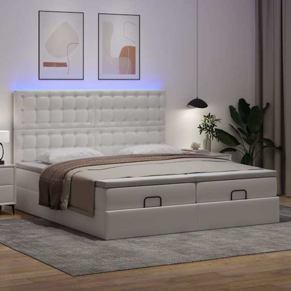 LED-valgustusega voodiraam peatsiga koos 2 madratsiga, 2 voodiraami, puhas valge, 180 × 200 cm, kunstnahk — mudel 3314504