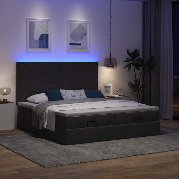 LED-valgustusega voodiraam peatsiga koos 2 madratsiga, 2 voodiraami, must, 160 × 200 cm, kangas