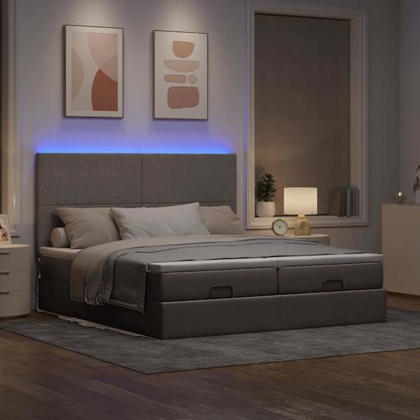 LED-valgustusega voodiraam peatsiga koos 2 madratsiga, 2 voodiraami, pruunikashall, 160 × 200 cm, kangas