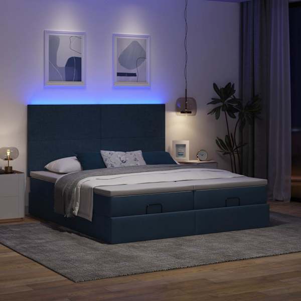 LED-valgustusega voodiraam peatsiga koos 2 madratsiga, 2 voodiraami, sinine, 200 × 200 cm, kangas — mudel 3314533