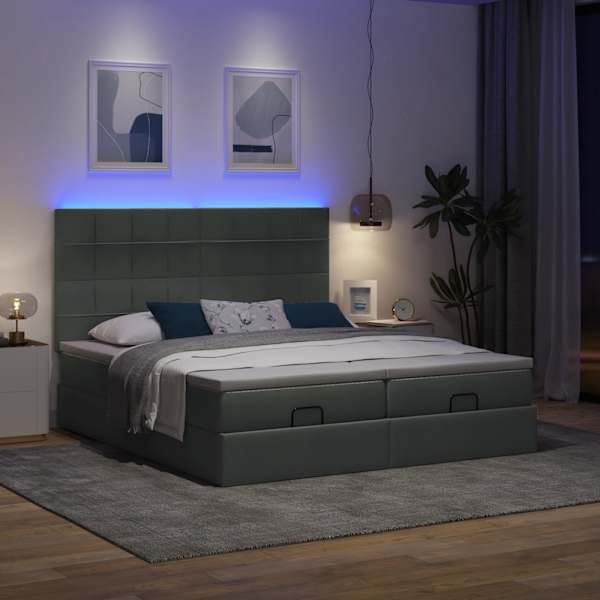 LED-valgustusega voodiraam peatsiga koos 2 madratsiga, 2 voodiraami, tumehall, 180 × 200 cm, kangas — mudel 3314542