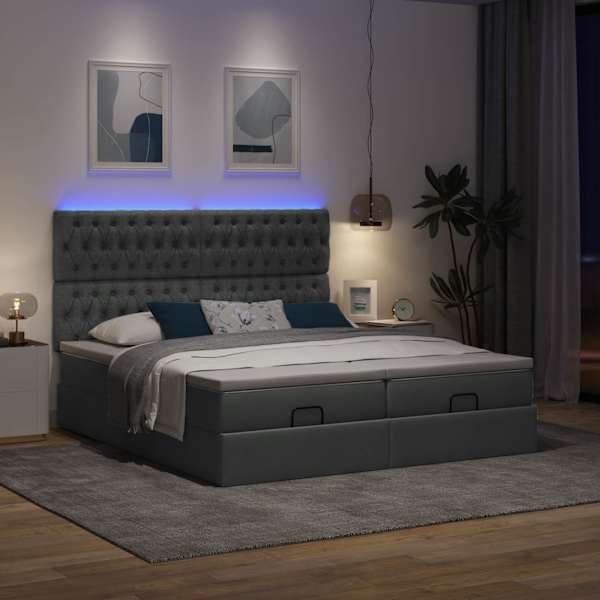 LED-valgustusega voodiraam peatsiga koos 2 madratsiga, 2 voodiraami, tumehall, 160 × 200 cm, kangas