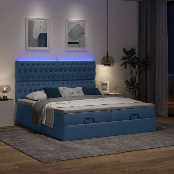 LED-valgustusega voodiraam peatsiga koos 2 madratsiga, 2 voodiraami, sinine, 200 × 200 cm, kangas — mudel 3314575