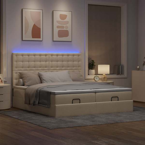 LED-valgustusega voodiraam peatsiga koos 2 madratsiga, 2 voodiraami, kreemjasvalge, 160 × 200 cm, kangas — mudel 3314581