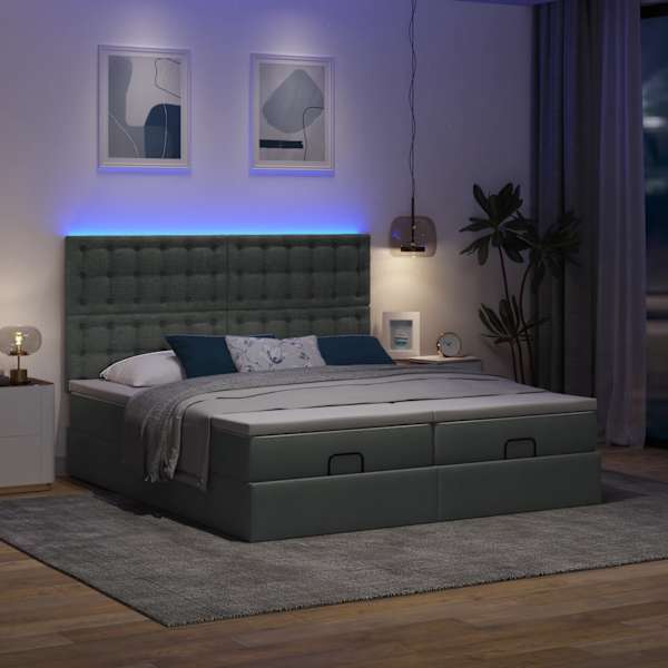 LED-valgustusega voodiraam peatsiga koos 2 madratsiga, 2 voodiraami, tumehall, 180 × 200 cm, kangas — mudel 3314584