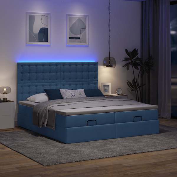 LED-valgustusega voodiraam peatsiga koos 2 madratsiga, 2 voodiraami, sinine, 200 × 200 cm, kangas — mudel 3314596